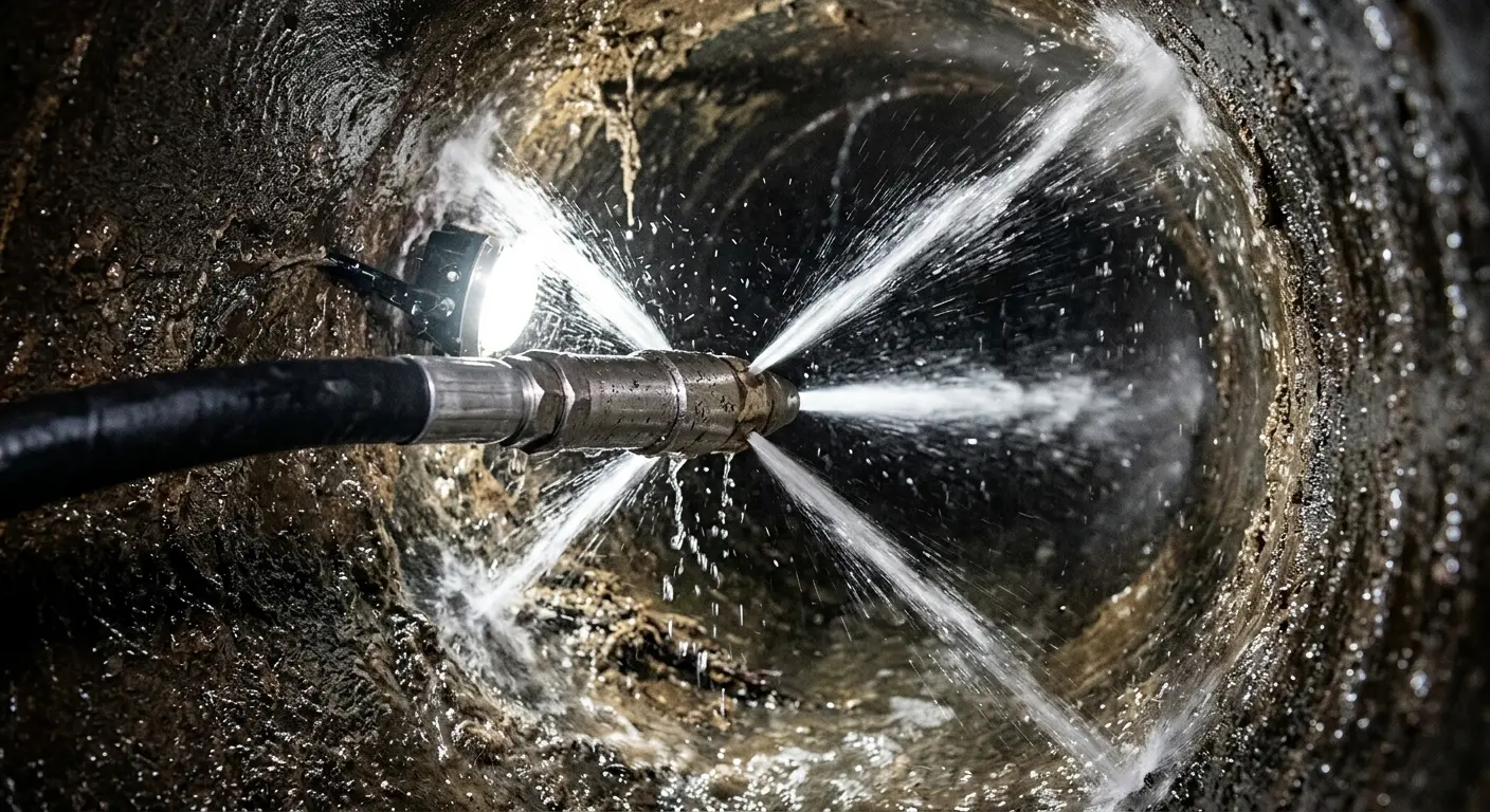 High-pressure hydro jetting nozzle cleaning sewer pipe for Trenchless Sewer Repair in Troy