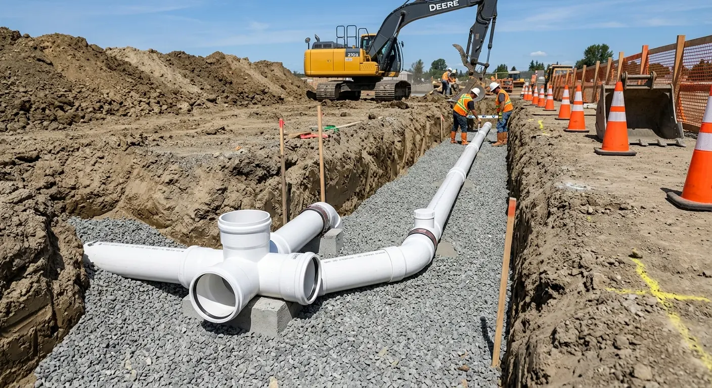 New PVC sewer pipe installation in open trench for Sewer Backup in Troy