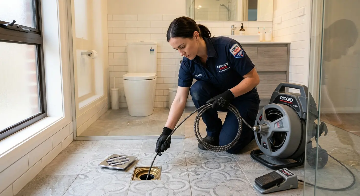 Technician clearing a bathroom floor drain for Hydro Jetting in Troy